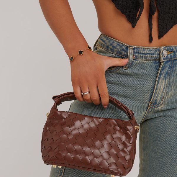 Zoey Woven Detail Grab Bag In Brown Faux Leather, Women’s Size UK One Size