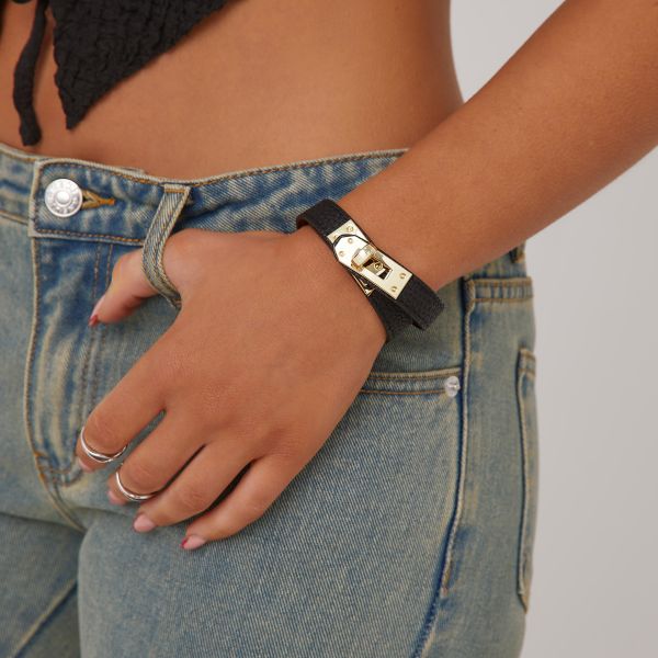 Lock Detail Bracelet In Black Faux Leather, Women’s Size UK One Size