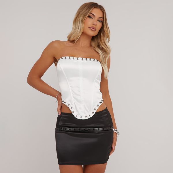 Bandeau Studded Detail Curved Hem Corset Top In White Satin, Women’s Size UK 10