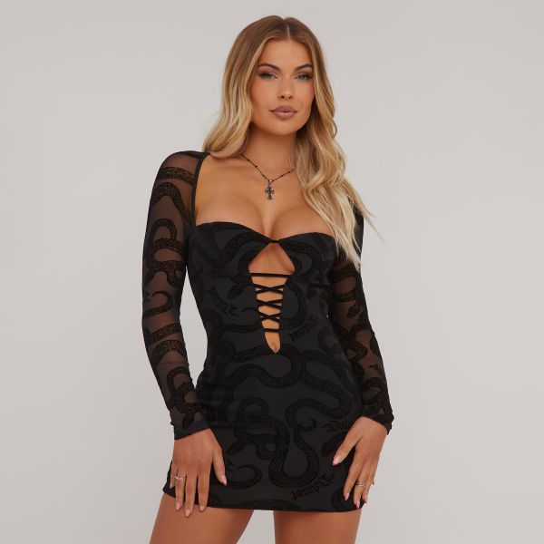 Long Sleeve Printed Detail Strappy Cut Out Front Mini Bodycon Dress In Black Mesh, Women’s Size UK Medium M