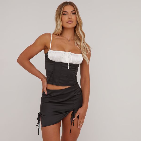 Strappy Contrast Tie Front Detail Cropped Corset Top In Black Satin, Women’s Size UK 14