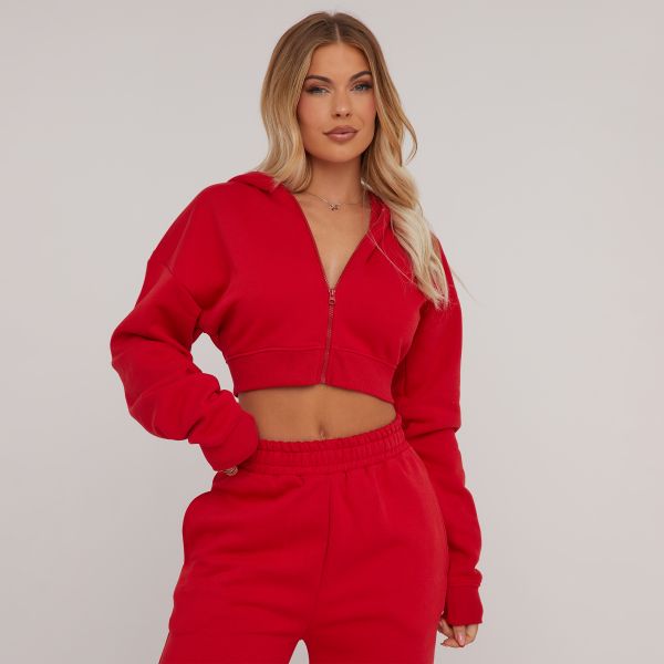 Long Sleeve Oversized Zip Detail Cropped Hoodie In Red, Women’s Size UK 6