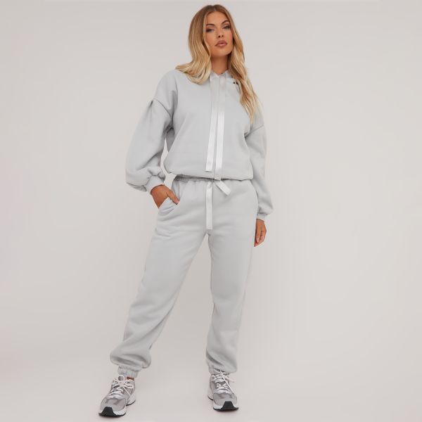 Ribbon Drawstring Detail Hoodie And Cuffed Hem Joggers Co-Ord Set In Grey, Women’s Size UK One Size
