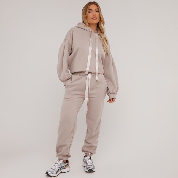 Ribbon Drawstring Detail Hoodie And Cuffed Hem Joggers Co-Ord Set In Taupe, Women’s Size UK One Size