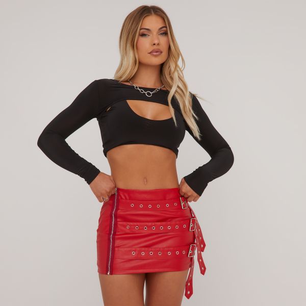 Multi Buckle Belt Detail Micro Mini Bodycon Skirt In Red Faux Leather, Women’s Size UK Extra Small XS