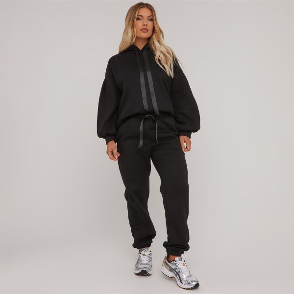 Ribbon Drawstring Detail Hoodie And Cuffed Hem Joggers Co-Ord Set In Black, Women’s Size UK One Size