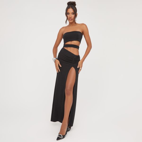 Bandeau Cut Out Detail Front Split Maxi Dress In Black, Women’s Size UK 8