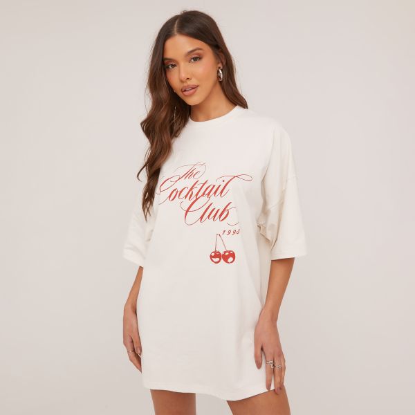 Oversized Cocktail Club Graphic Slogan Print T-Shirt Dress In Stone, Women’s Size UK 8