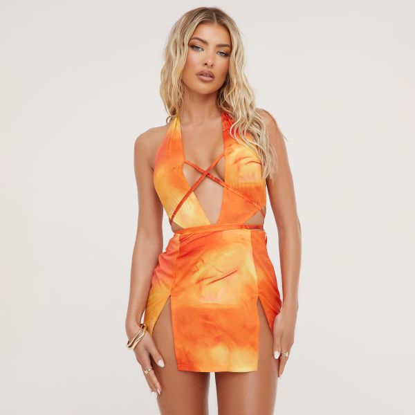 Halterneck Cut Out Strappy Detail Split Leg Mini Dress In Orange Ombre Print, Women’s Size UK 6