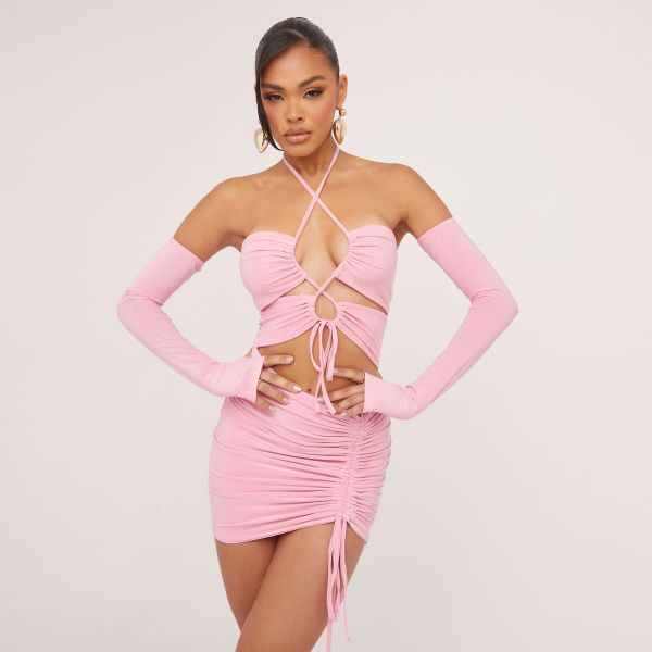 Halterneck Strappy Cut Out Detail Ruched Mini Bodycon Dress With Sleeves In Pink Slinky, Women’s Size UK 8