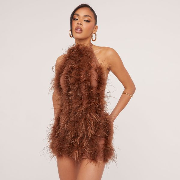 High Neck Open Back Mini Bodycon Dress In Brown Faux Feather, Women’s Size UK 12