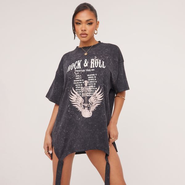 Suspender Detail ’Rock & Roll’ Graphic Print T-Shirt Dress In Charcoal Acid Wash, Women’s Size UK 6