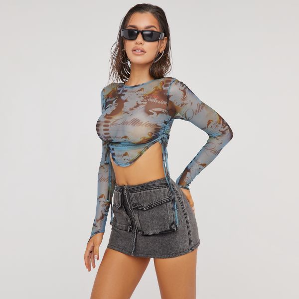 Long Sleeve Ruched Side Dipped Hem Detail Crop Top In Blue Printed Mesh, Women’s Size UK 6