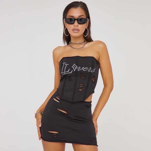 Bandeau Distressed Detail ’Lovers’ Slogan Print Corset Top In Black, Women’s Size UK 10