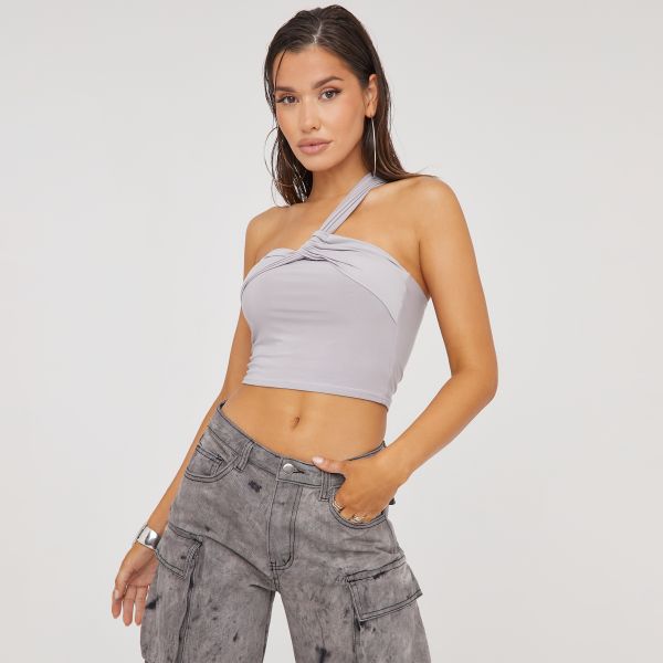 One Shoulder Twisted Knot Detail Crop Top In Grey Slinky, Women’s Size UK 8