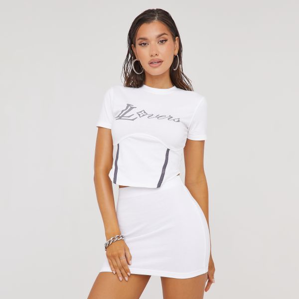 Short Sleeve Contrast Stripe Detail ’Lovers’ Slogan Print T-Shirt In White, Women’s Size UK 8
