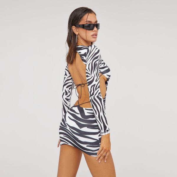 Long Sleeve Backless Thong Detail Mini Bodycon Dress In Zebra Print, Women’s Size UK 14