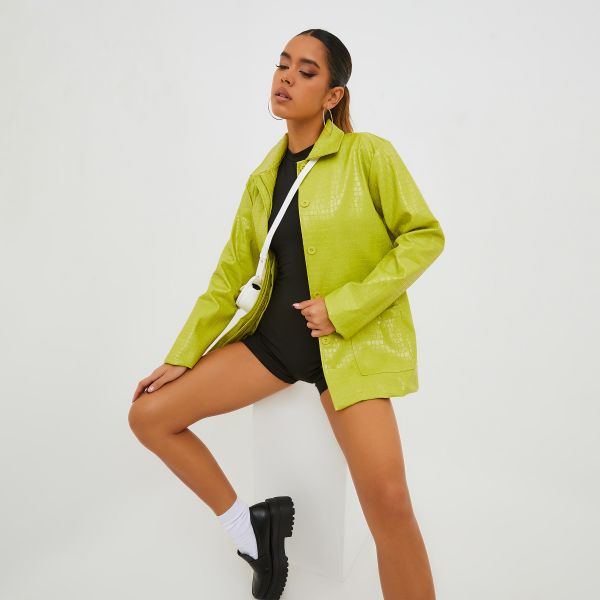 Oversized Jacket In Green Croc Print Faux Leather, Women’s Size UK 6