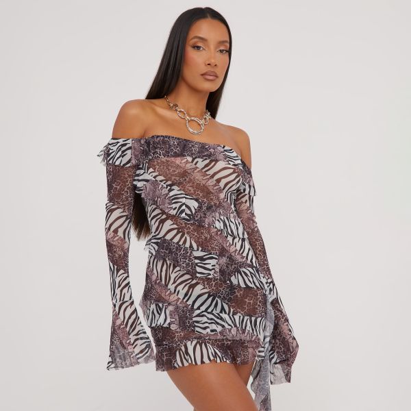 Bardot Frill Detail Mini Dress In Brown Animal Print Mesh, Women’s Size UK 6