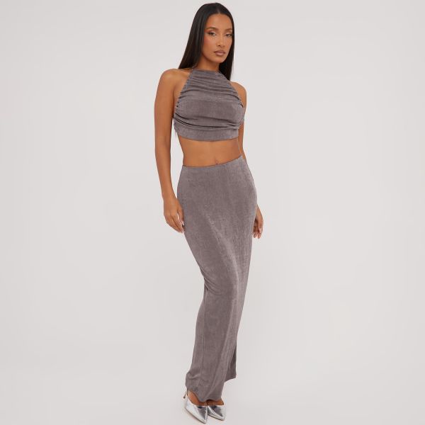 High Neck Ruched Detail Tie Back Top And Maxi Skirt Co-Ord Set In Grey, Women’s Size UK Large L