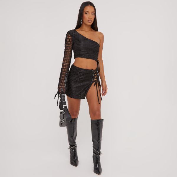Lace Up Side Detail Split Leg Mini Skirt In Black Texture, Women’s Size UK 10