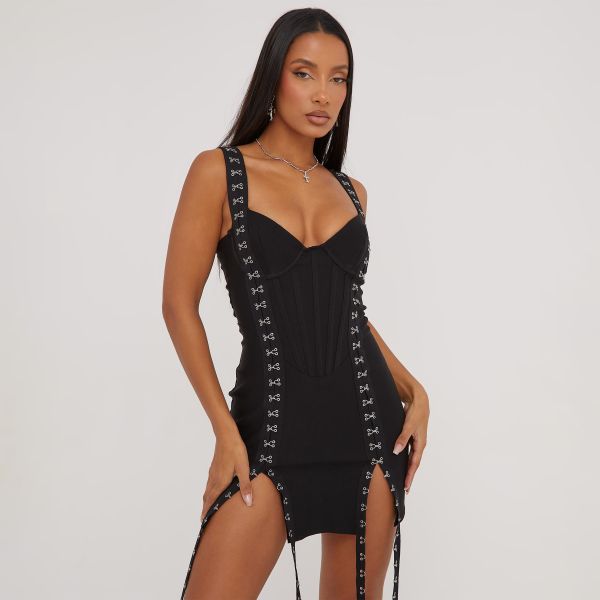 Cupped Hook And Eye Suspender Detail Split Leg Mini Bodycon Dress In Black, Women’s Size UK 12