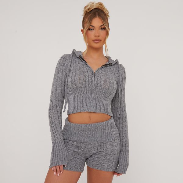 Zip Front Hooded Cropped Jacket In Fold Over Waist Booty Shorts Co-Ord Set In Grey Cable Knit, Women’s Size UK Medium M