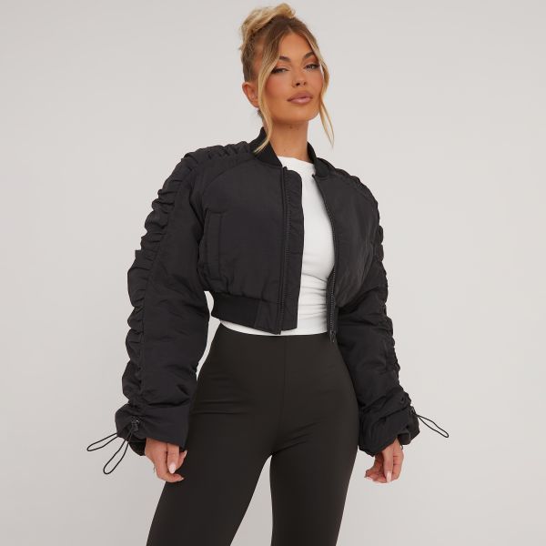 Ruched Sleeve Detail Cropped Bomber Jacket In Black Shell, Women’s Size UK 6