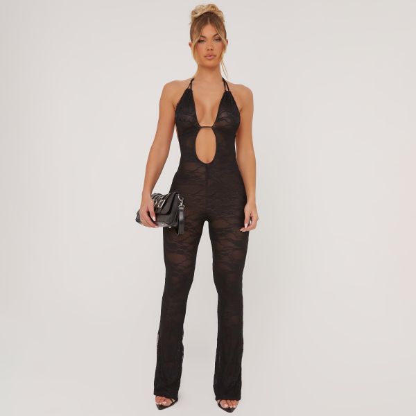 Plunge Strap Detail Flared Jumpsuit In Black Lace, Women’s Size UK 14