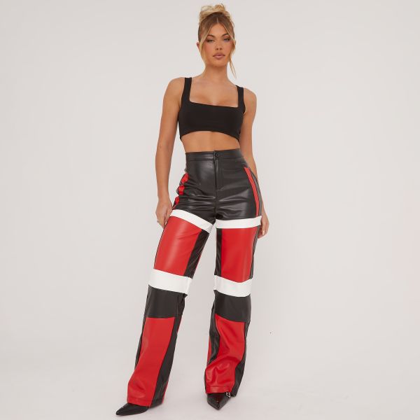 High Waist Contrast Motocross Detail Wide Leg Trousers In Red Faux Leather, Women’s Size UK 8