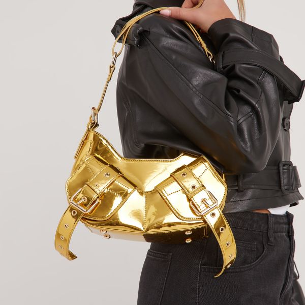 Aster Buckle Detail Shaped Shoulder Bag In Gold Patent, Women’s Size UK One Size