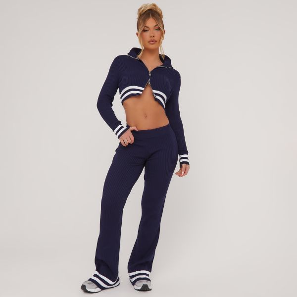 Zip Front Contrast Stripe Detail Cropped Jacket And Low Rise Trousers Co-Ord Set In Navy Rib, Women’s Size UK Small S