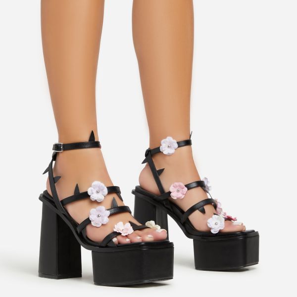 Pansy Triple Strap 3D Flower Detail Platform Block Heel In Black Faux Leather, Women’s Size UK 5