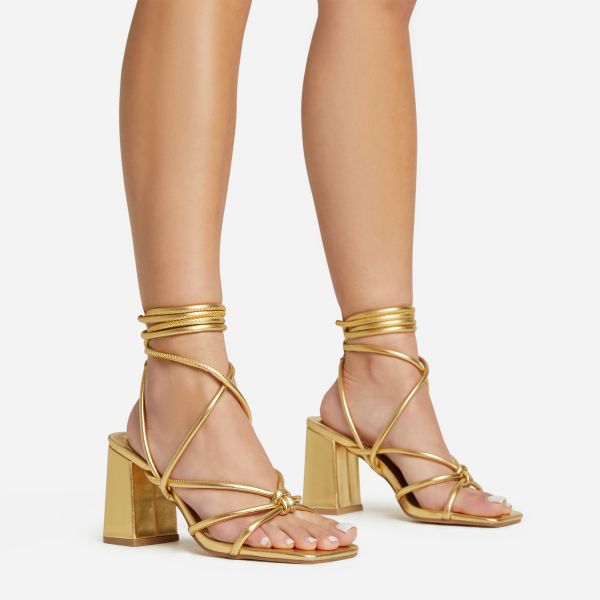 Ballerine Knotted Strappy Detail Lace Up Square Toe Block Heel In Gold Faux Leather, Women’s Size UK 6