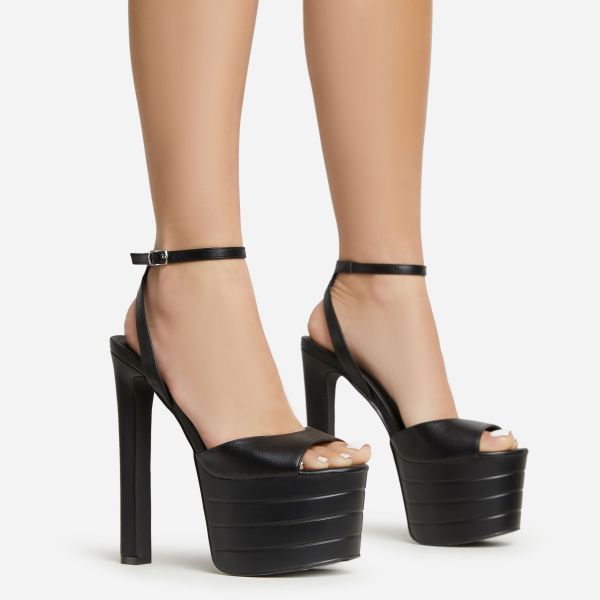 Cake Ankle Strap Peep Toe Extreme Platform Thin Block Heel In Black Faux Leather, Women’s Size UK 5