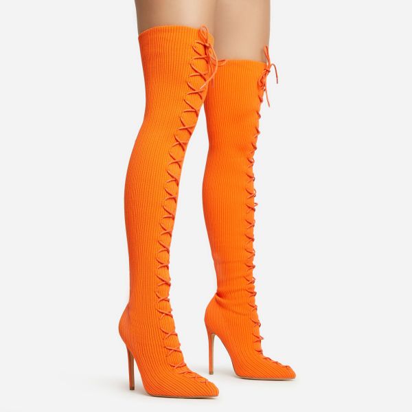 Zeri Lace Up Pointed Toe Stiletto Heel Over The Knee Thigh High Boot In Orange Ribbed Knit, Women’s Size UK 5