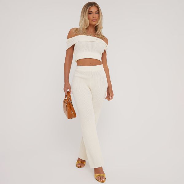 Fold Over Bardot Crop Top And Mid Rise Straight Leg Trousers Co-Ord Set In Cream Knit, Women’s Size UK Medium/Large M/L