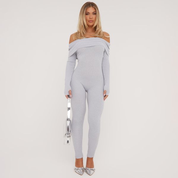 Fold Over Bardot Jumpsuit In Grey Knit, Women’s Size UK Medium/Large M/L
