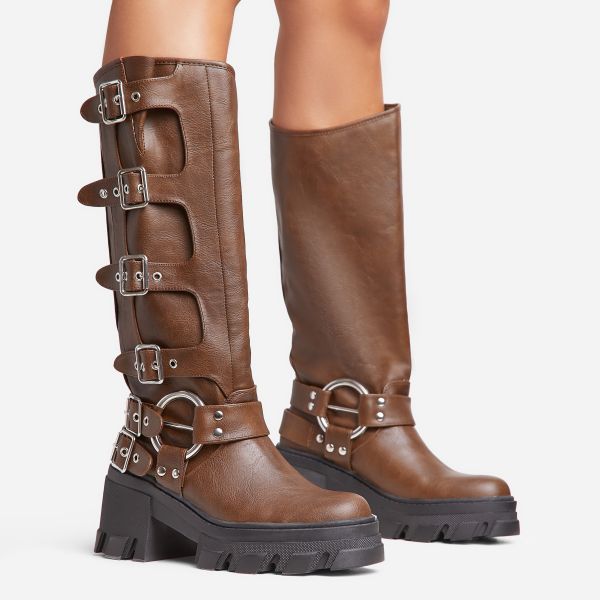 Buckle-Up-Now Side Buckle Detail Chunky Sole Mid Calf Biker Boot In Brown Faux Leather, Women’s Size UK 5
