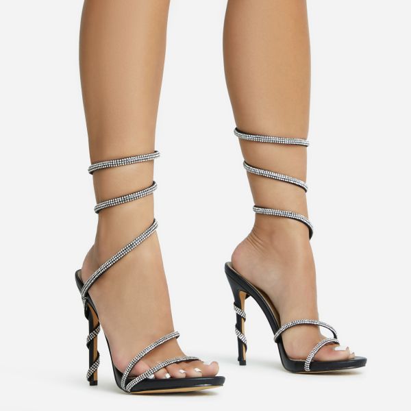 Magda Silver Diamante Detail Wrap Around Strap Platform Stiletto Heel In Black Faux Leather, Women’s Size UK 7