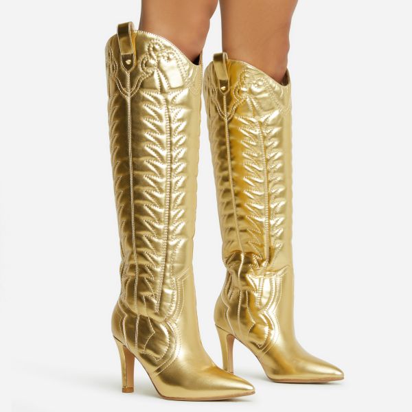 The Professional Embroidered Detail Pointed Toe Thin Block Heel Knee High Western Cowboy Long Boot In Gold Faux Leather, Women’s Size UK 5