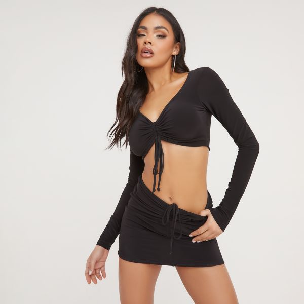 Long Sleeve V Neck Tie Detail Ruched Front Crop Top In Black Slinky, Women’s Size UK 14