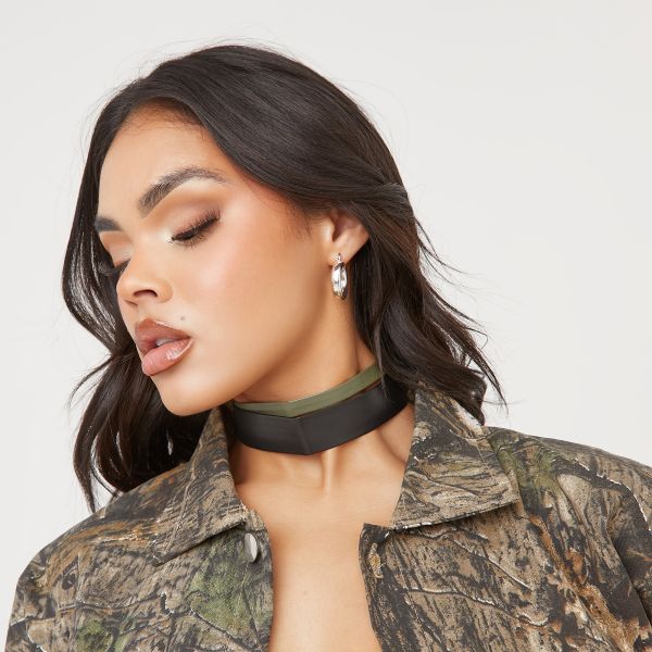 Multi Strap Choker In Black And Khaki Faux Leather, One Size