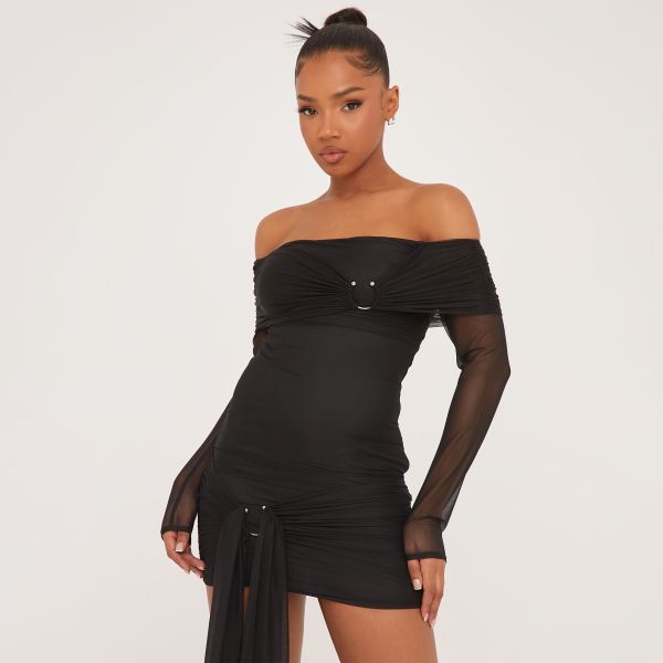Bardot Ring Drape Detail Mini Bodycon Dress In Black Mesh, Women’s Size UK 12