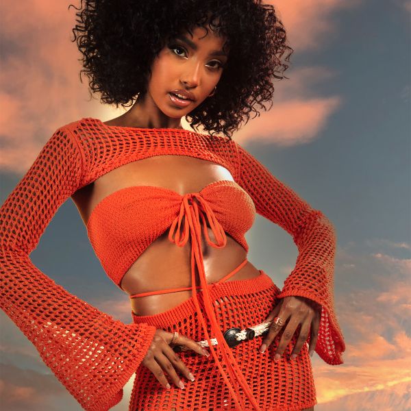 Bandeau Tie Front Detail Crop Top With Flared Sleeves In Orange Crochet, Women’s Size UK 6