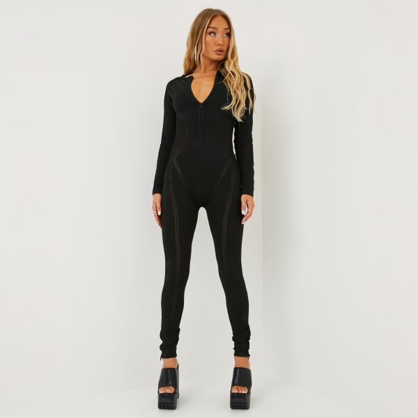 Zip Detail Long Sleeve Contour Detail Jumpsuit In Black Knit, Women’s Size UK Medium M