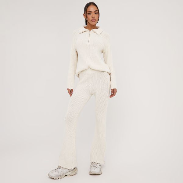 Collared Zip Front Detail Jumper And Flared Trousers Co-Ord Set In Cream Knit, Women’s Size UK Medium M