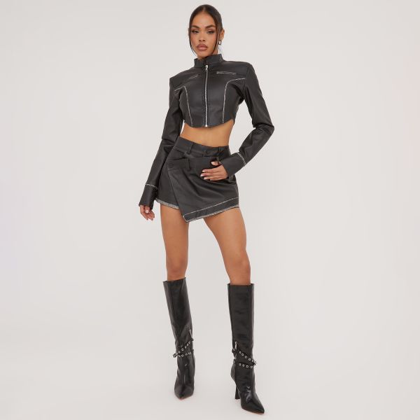 High Waist Contrast Detail Skort In Black Faux Leather, Women’s Size UK 12