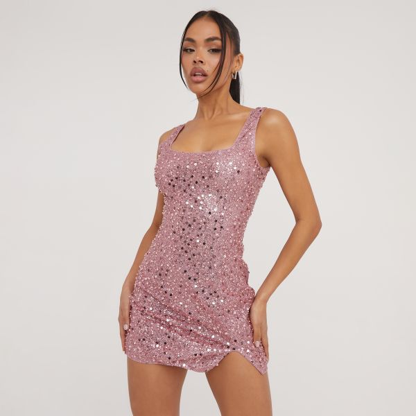 Square Neck Split Leg Detail Mini Bodycon Dress In Pink Sequin, Women’s Size UK 6