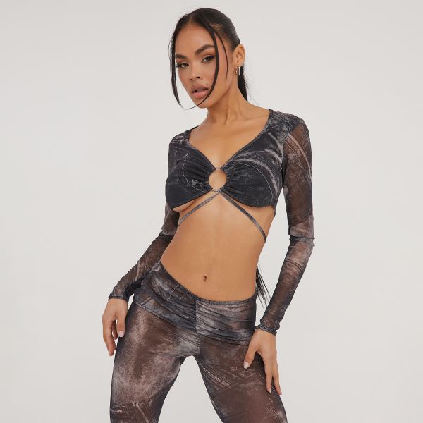 Long Sleeve Ring Front Strappy Detail Crop Top In Black Printed Mesh, Women’s Size UK 12